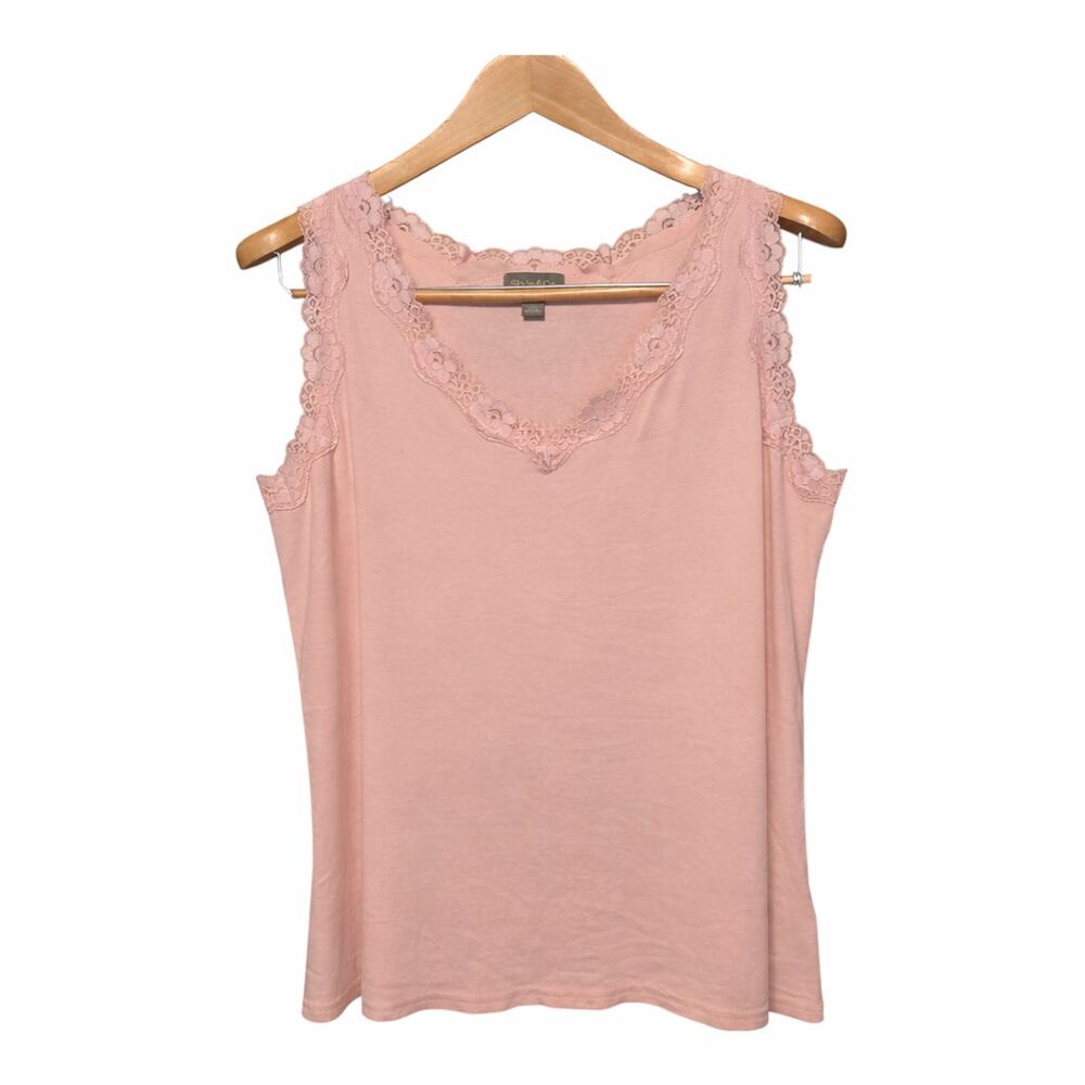 Style & Co Womens Tank Top Plus Size 1X Pink Lace Trim 100% Cotton Soft Girl